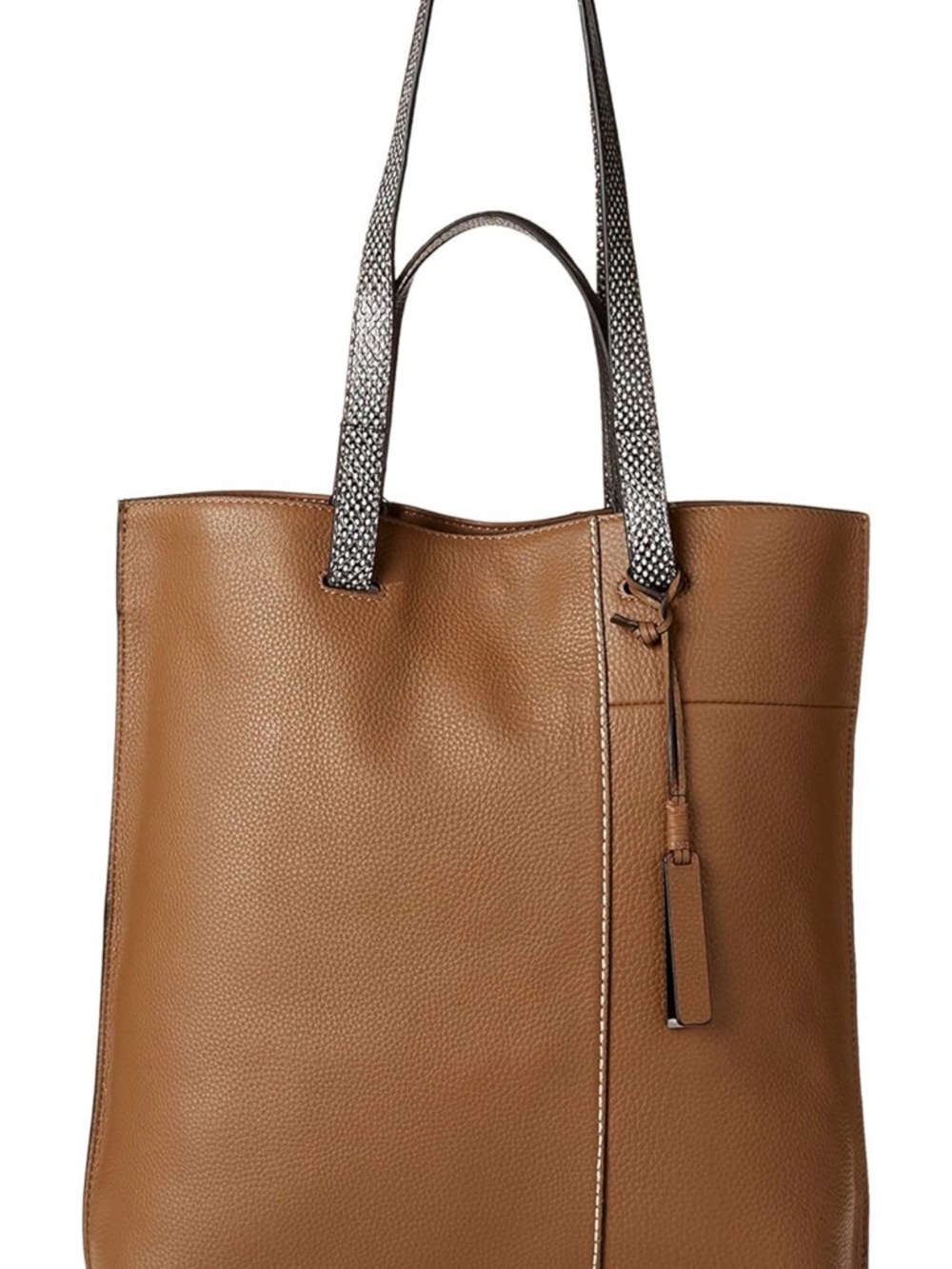 Vince Camuto Casia Tan Leather Tote with Textured Black-and-White Straps